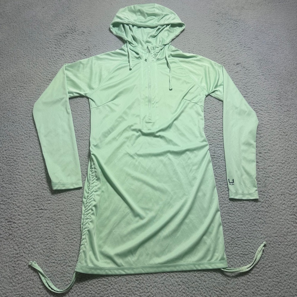 HUK Pursuit Cover Up Dress Womens XS Seafoam Green Hooded 1/2 Zip Fishing UPF